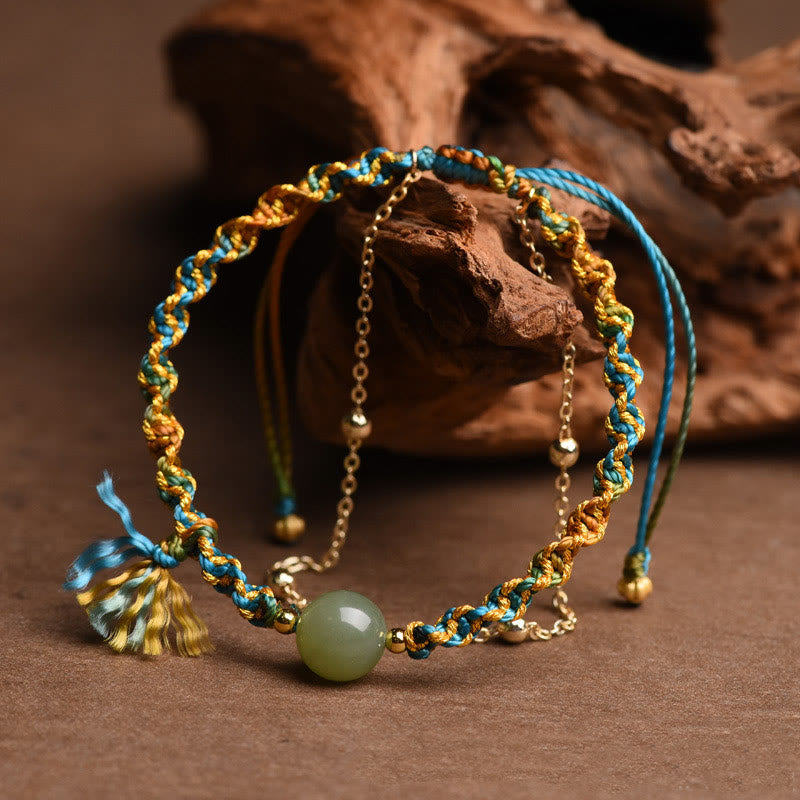 Nimara Ritual Handmade Colorful Rope Luck Jade Bead Abundance Double Layer Bracelet