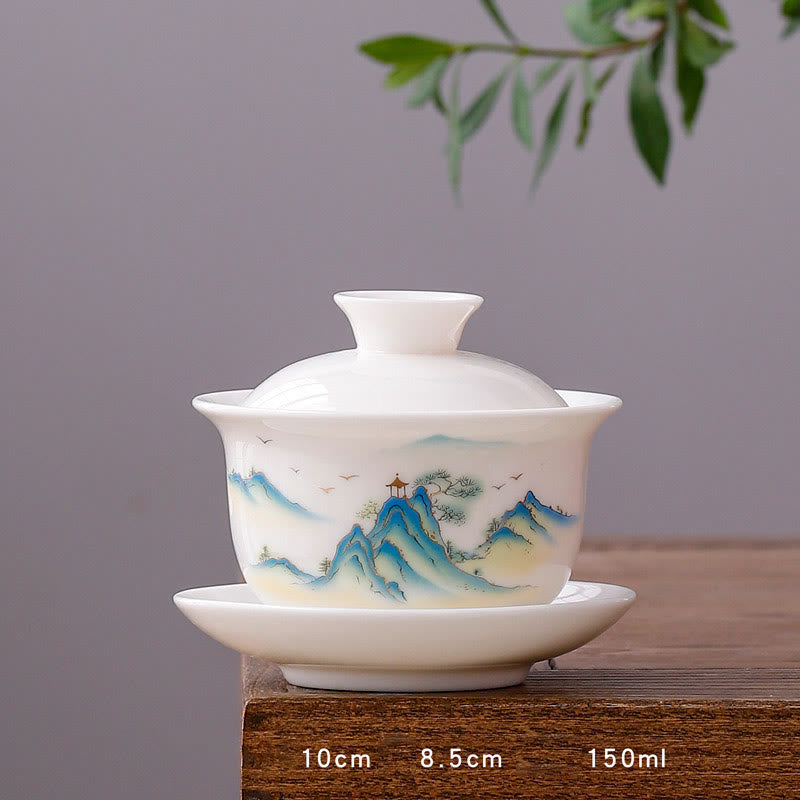 Nimara Ritual White Porcelain Mountain Landscape Countryside Ceramic Gaiwan Teacup Kung Fu Tea Cup And Saucer With Lid