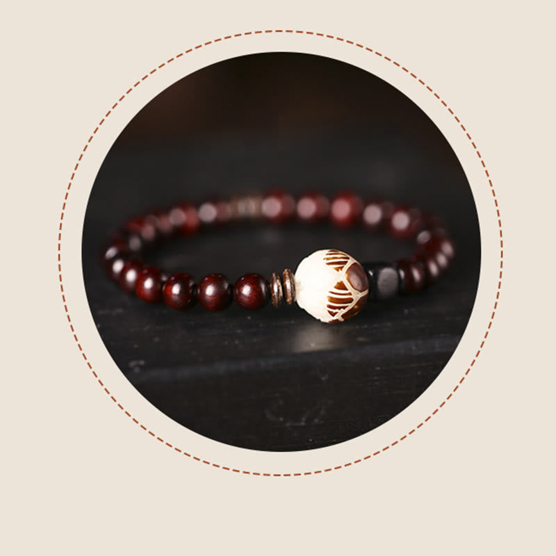 Nimara Ritual Small Leaf Red Sandalwood Lotus Bodhi Seed Carved Protection Double Wrap Bracelet