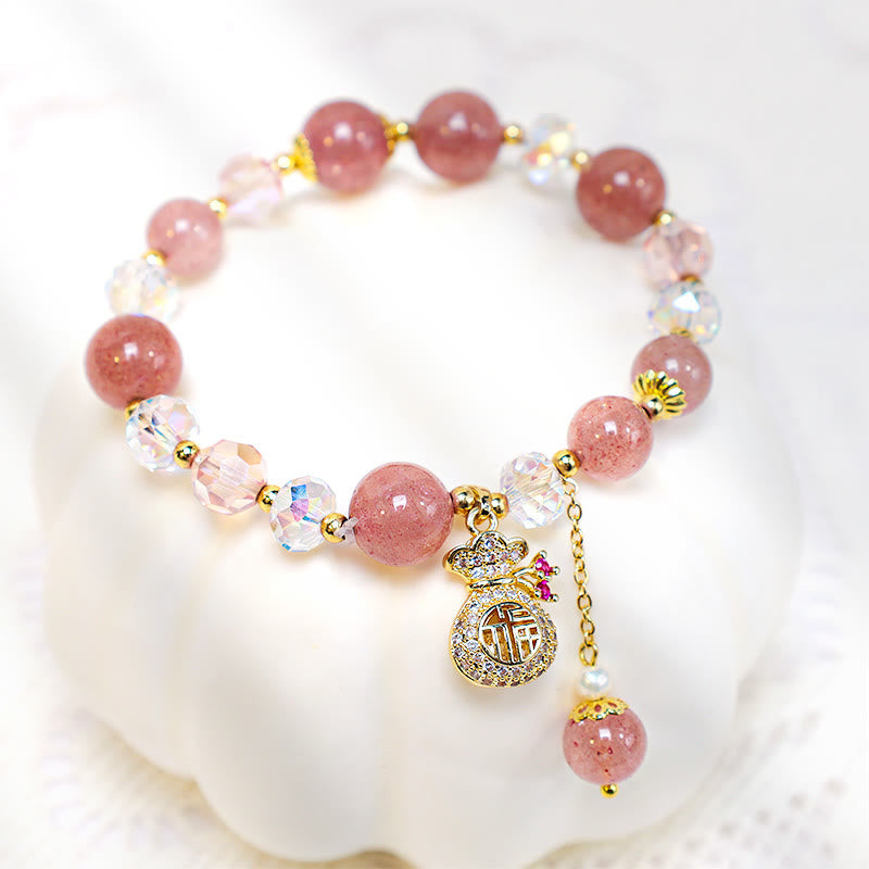Nimara Ritual Natural Strawberry Quartz Crystal Money Bag Charm Positive Bracelet