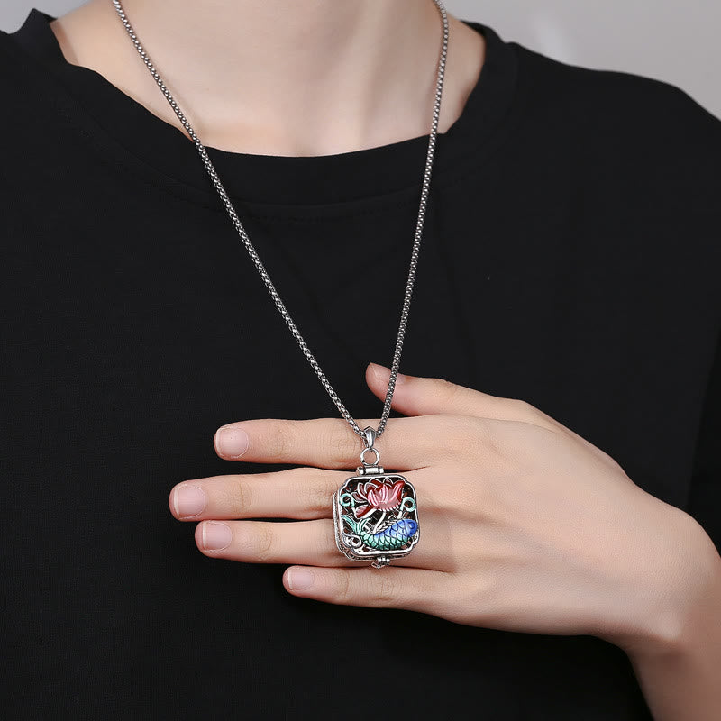 Nimara Ritual Koi Fish Lotus Copper Coins Luck Ghau Prayer Box Necklace Pendant