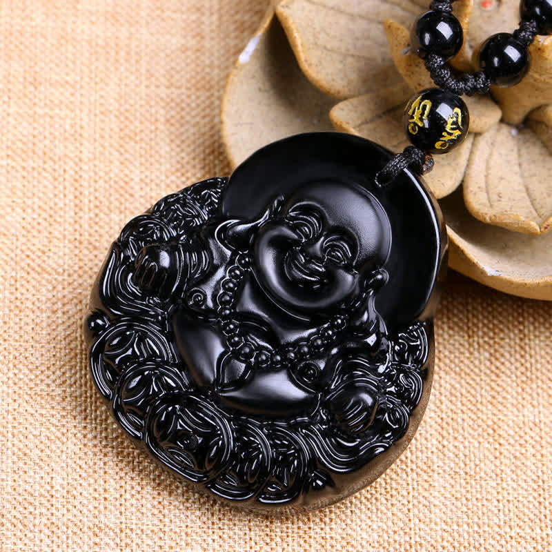 Nimara Ritual Laughing Buddha Black Obsidian Strength Protection Pendant Necklace