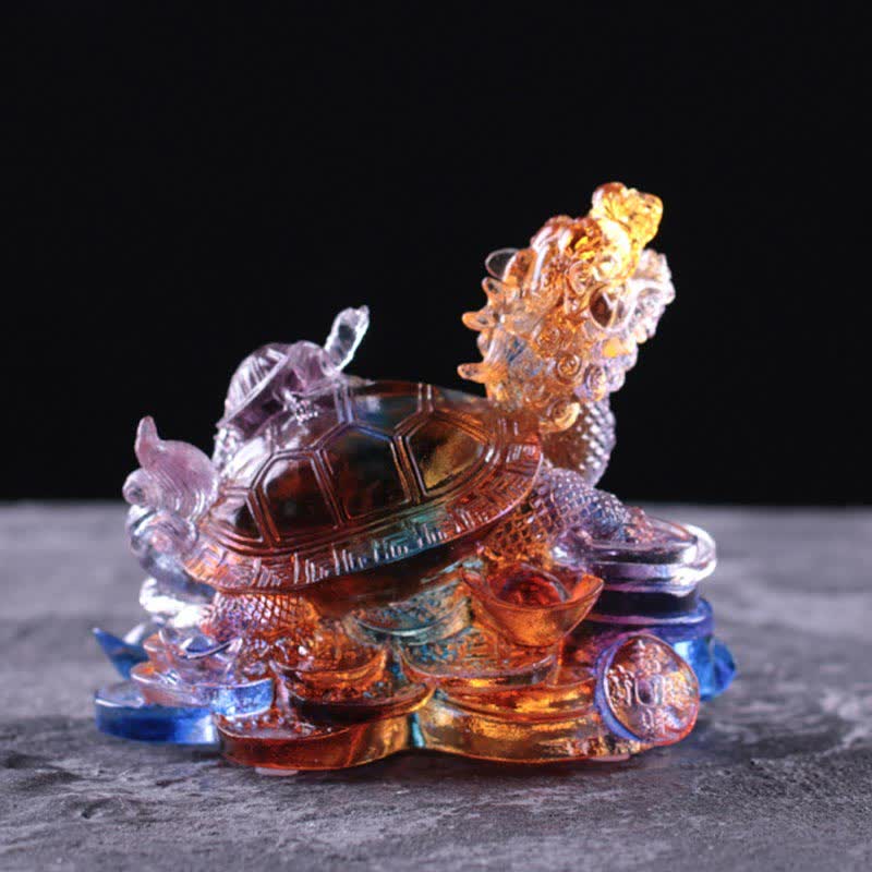 Nimara Ritual Feng Shui Dragon Turtle Coins Handmade Liuli Crystal Luck Art Piece Home Office Decoration