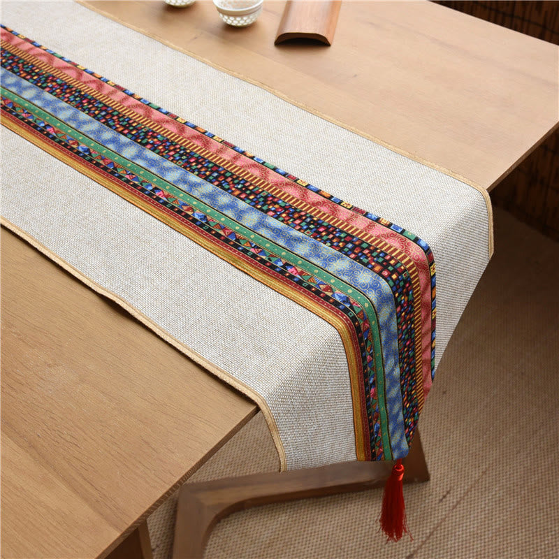 Nimara Ritual Classic Chinese Style Lotus Koi Fish Flower Crane Calligraphy Enlightenment Cotton Linen Tassels Table Runner