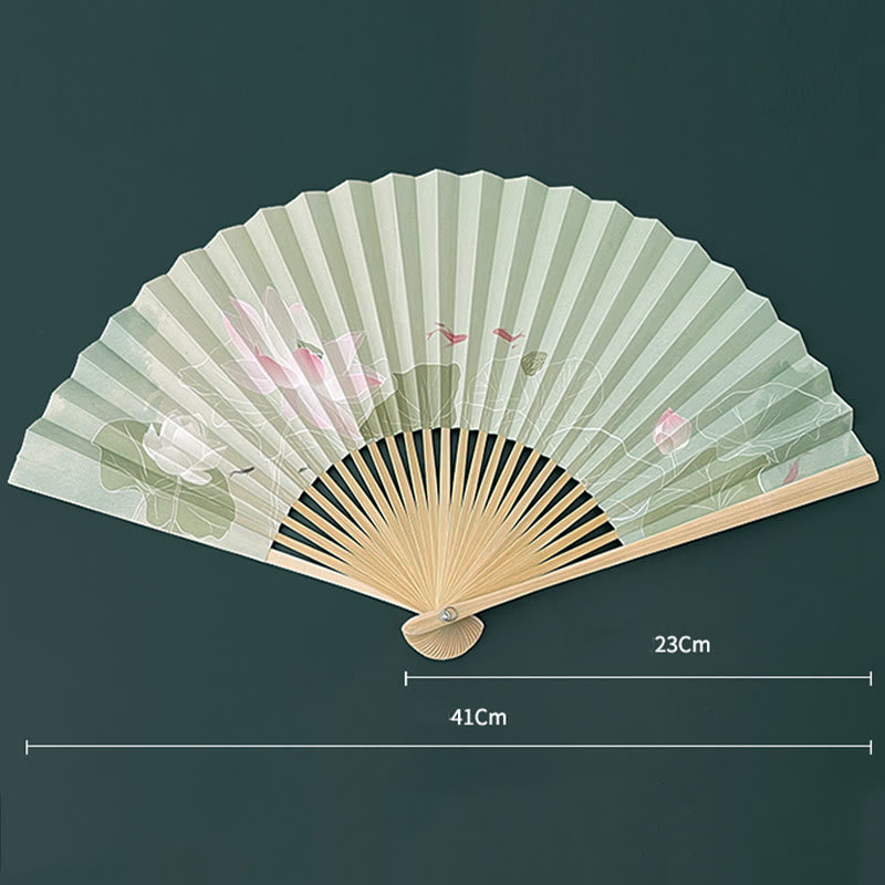 Nimara Ritual Lotus Flowers Leaf Koi Fish Handheld Paper Bamboo Folding Fan