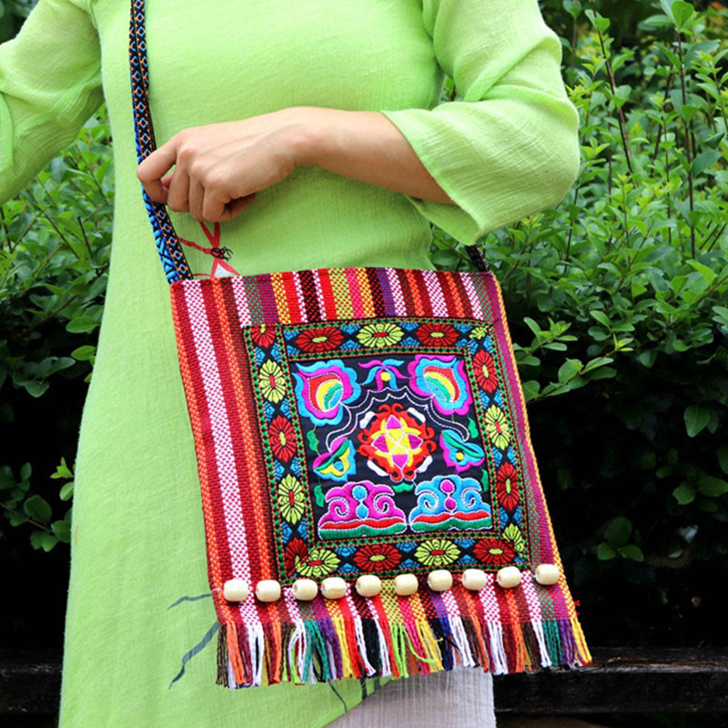 Nimara Ritual Tibetan Handmade Embroidered Camellia Canvas Shoulder Bag Crossbody Bag