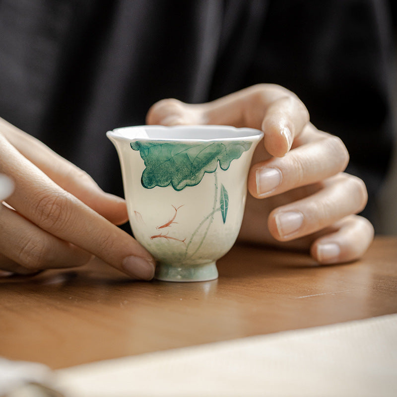 Nimara Ritual Koi Fish Lotus Leaf Pattern Ceramic Teacup Kung Fu Tea Cup 65ml