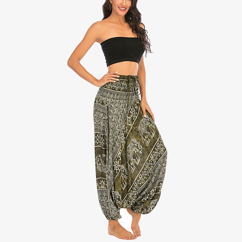 Nimara Ritual Two Style Wear Elephant Pattern Loose Smocked Harem Trousers Jumpsuit Women's Yoga Pants