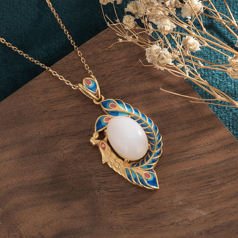 Nimara Ritual White Jade Peacock Copper Blessing Necklace Pendant