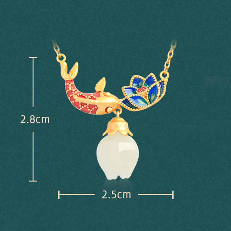 Nimara Ritual White Jade Koi Fish Lotus Copper Protection Necklace Pendant