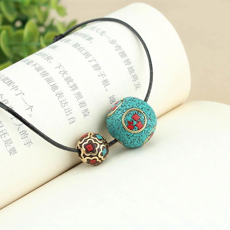 Nimara Ritual Tibetan Turquoise Double Bead Protection Strength Necklace Pendant