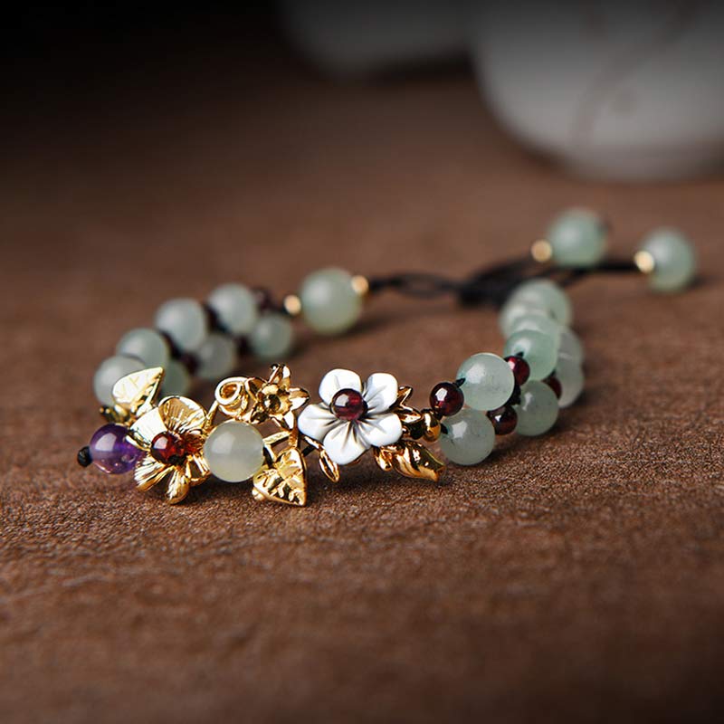 Nimara Ritual Green Aventurine Garnet Bead Flower Petal Luck Bracelet