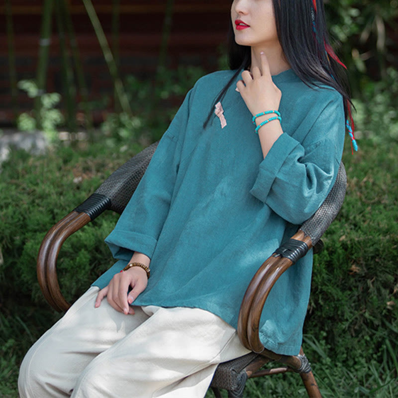 Nimara Ritual Ramie Linen Loose Blouse Women Long Sleeve Shirt Chinese Hanfu Top