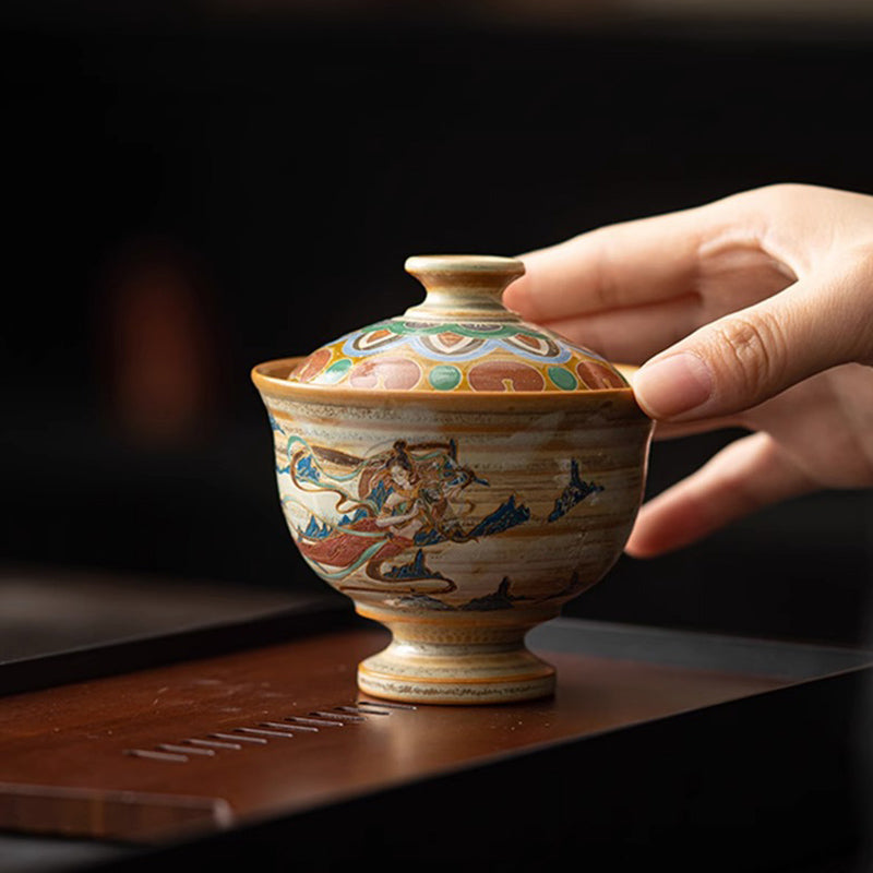 Nimara Ritual Dunhuang Flying Apsaras Ceramic Gaiwan Sancai Teacup Kung Fu Tea Cup With Lid