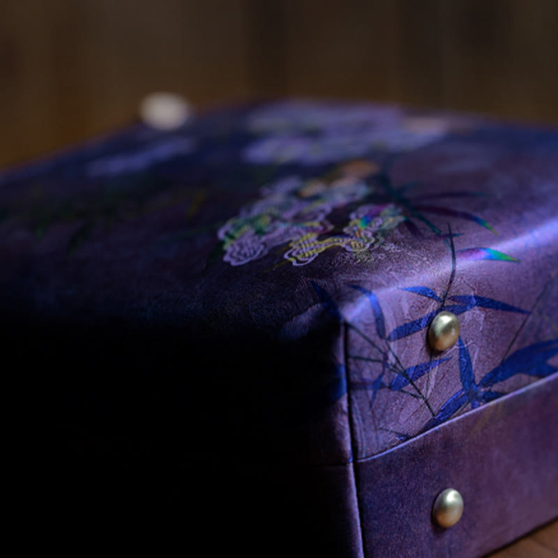 Nimara Ritual Purple Magpie Birds Branches Bamboo Handles Handbag