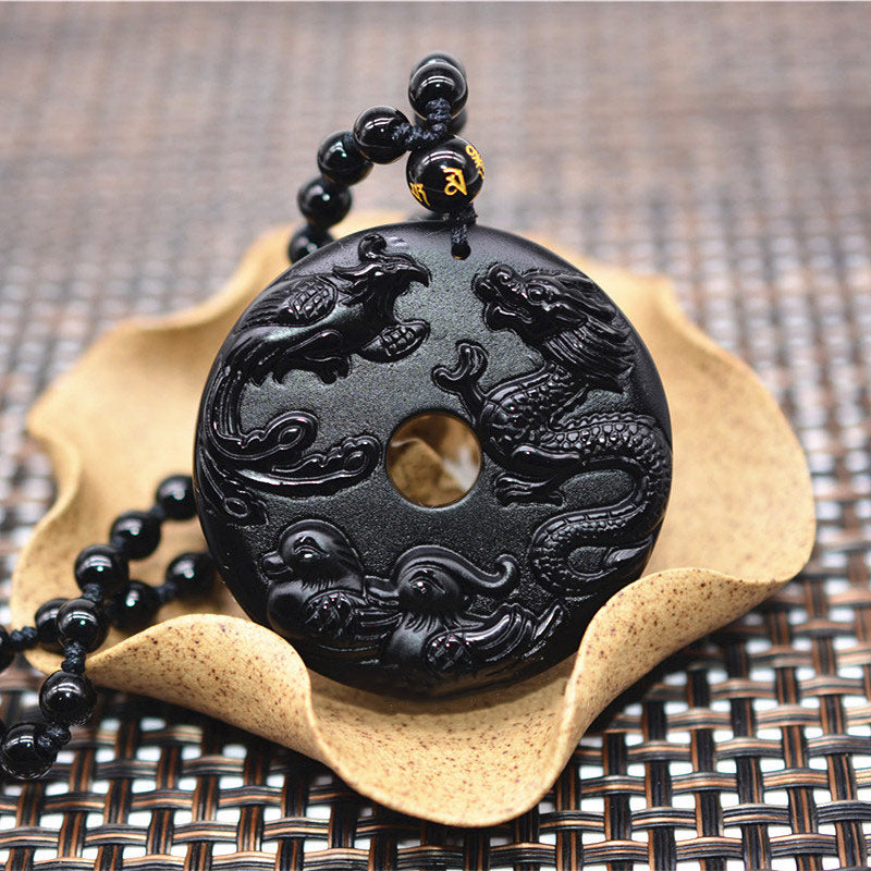 Nimara Ritual Black Obsidian Dragon Phoenix Mandarin Duck Luck Protection Necklace Pendant