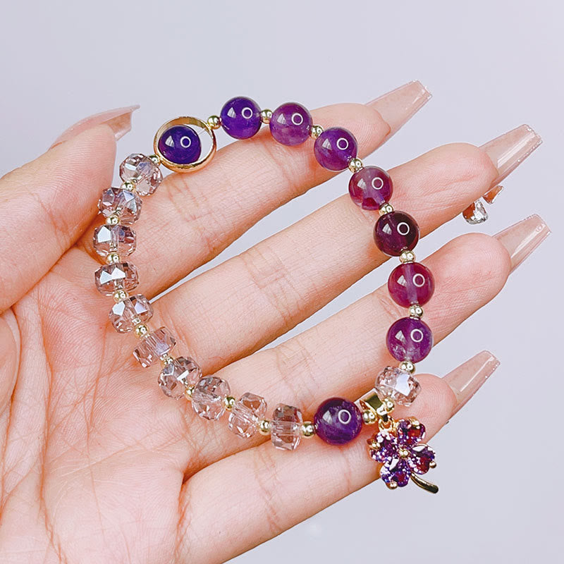 Nimara Ritual Amethyst Crystal Four Leaf Clover Healing Charm Bracelet