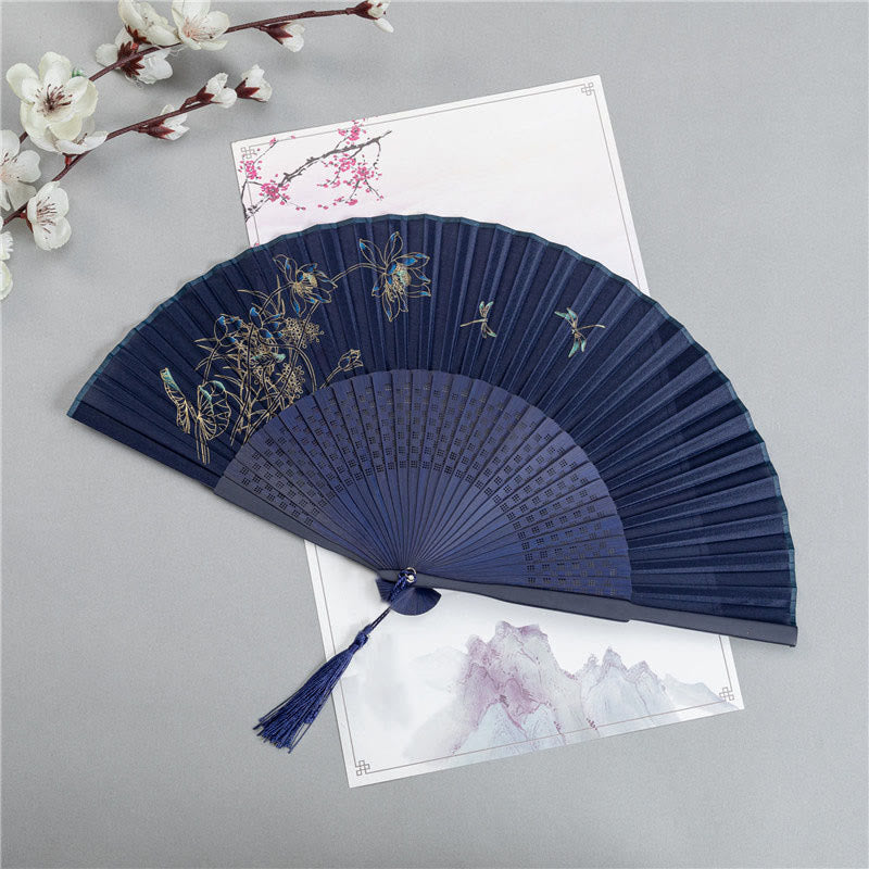 Nimara Ritual Crane Dragonfly Lotus Peony Plum Blossom Butterfly Handheld Silk Bamboo Folding Fan 22.5cm