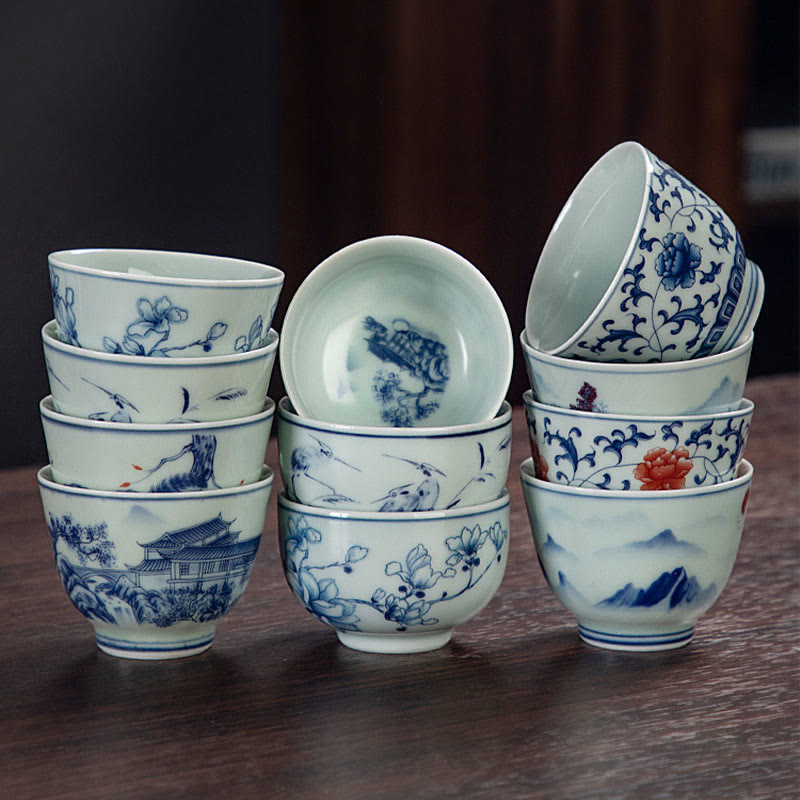 Nimara Ritual Blue Landscape Mountains Lotus Cute Cat Pavilions Magnolia Reed Egrets Ceramic Teacup Small Kung Fu Tea Cup