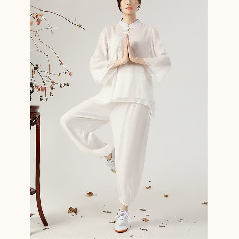 Nimara Ritual 2Pcs Long Sleeve Frog-Button Meditation Prayer Zen Practice Tai Chi Uniform Clothing Women's Set