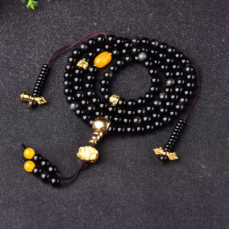 Nimara Ritual 108 Beads Natural Black Obsidian Lotus Fulfilment Mala Bracelet