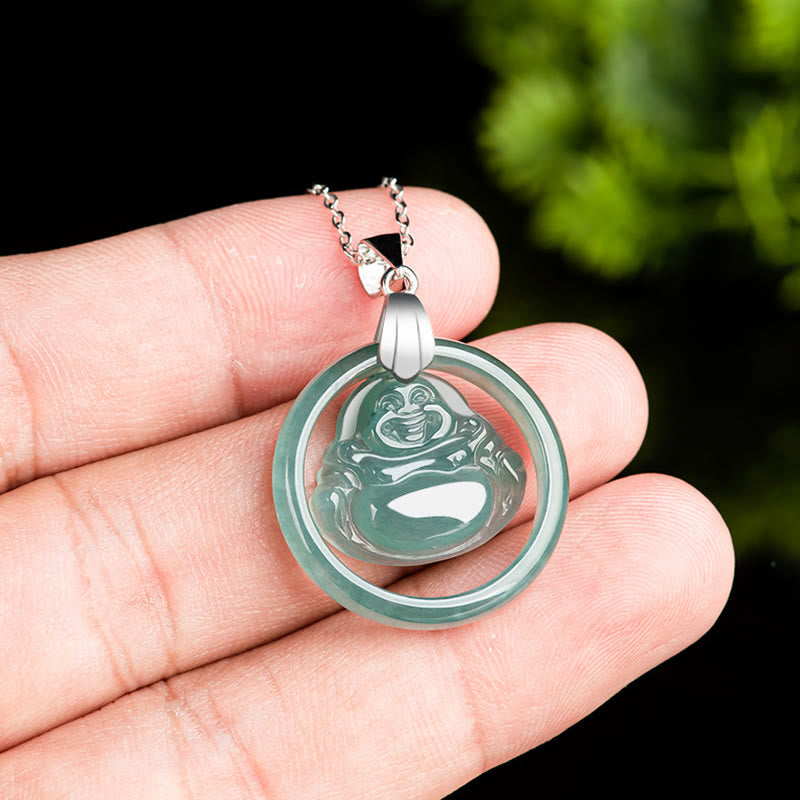 Nimara Ritual Natural Jade Round Laughing Buddha Abundance Titanium Steel Chain Necklace Pendant