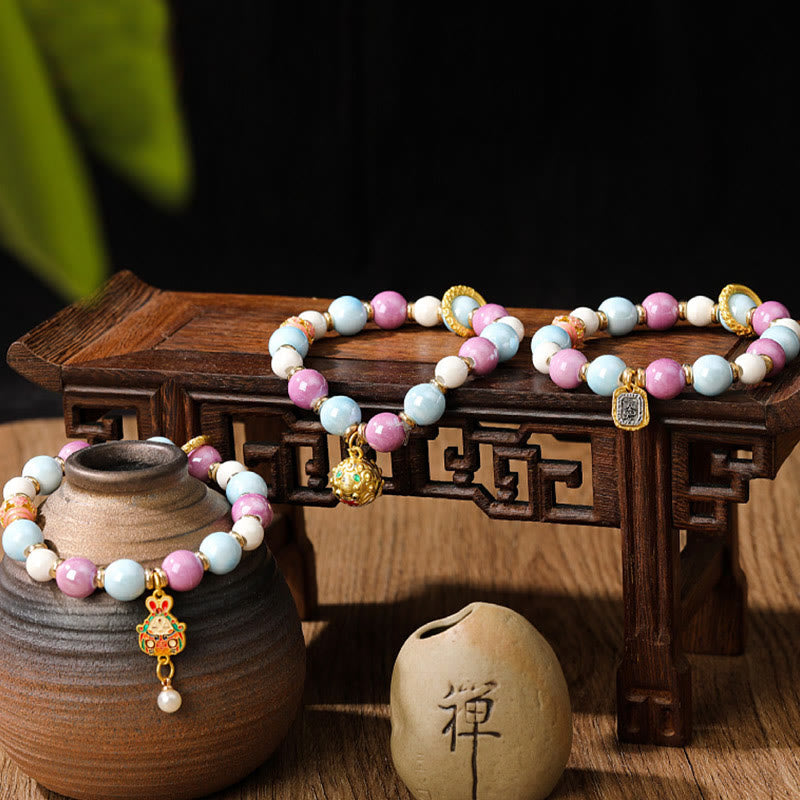 Nimara Ritual Tibetan Zakiram Goddess of Wealth Rabbit Lion Head Charm Liuli Glass Incense Ash Porcelain Bead Protection Bracelet