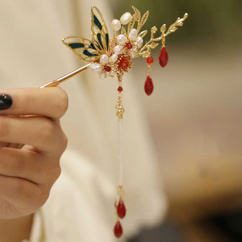 Nimara Ritual Classical Chinese Style Flower Branche Butterfly Pearl Tassel Hair Clip Hair Comb Hair Crown