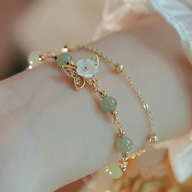 Nimara Ritual 14K Gold Plated Jade Butterfly Tridacna Stone Flower Double Layer Luck Bracelet