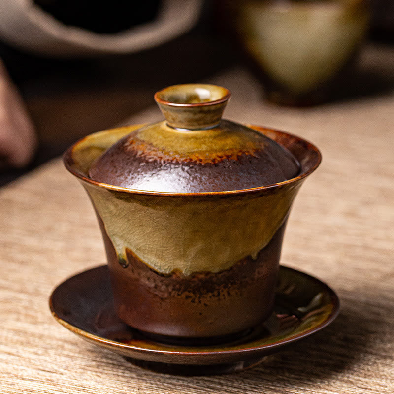 Nimara Ritual Vintage Brown Kiln Change Design Porcelain Ceramic Gaiwan Sancai Teacup Kung Fu Tea Cup And Saucer With Lid