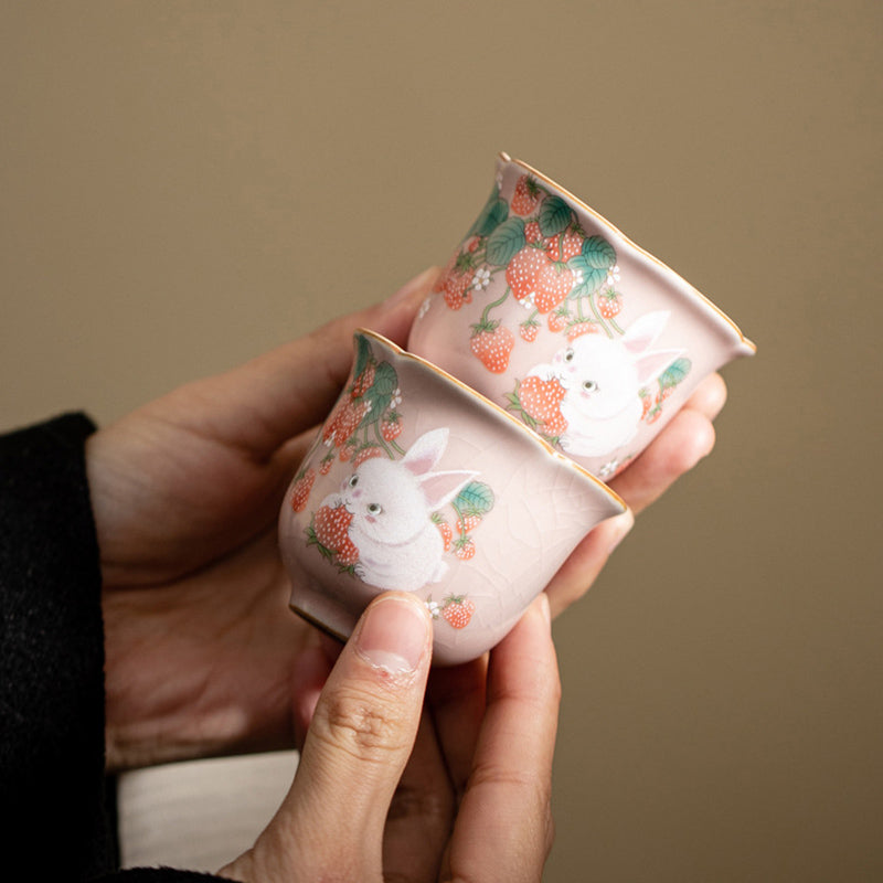 Nimara Ritual Cute Strawberry Rabbit Flower Ceramic Teacup Kung Fu Tea Cup 55ml