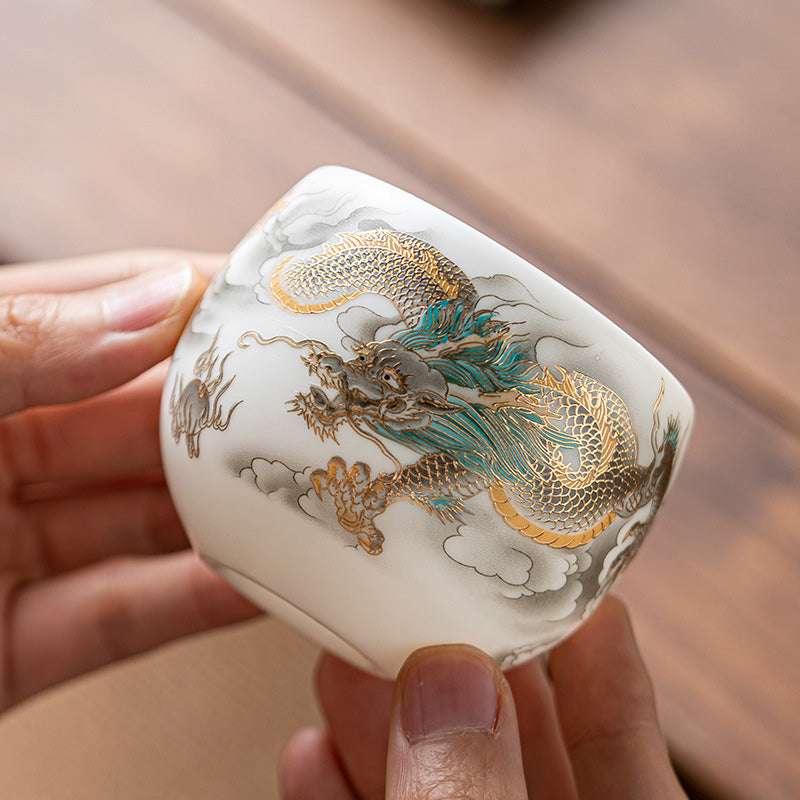 Nimara Ritual Dragon Phoenix Auspicious Clouds Ceramic Teacup Kung Fu Tea Cup With Gift Box