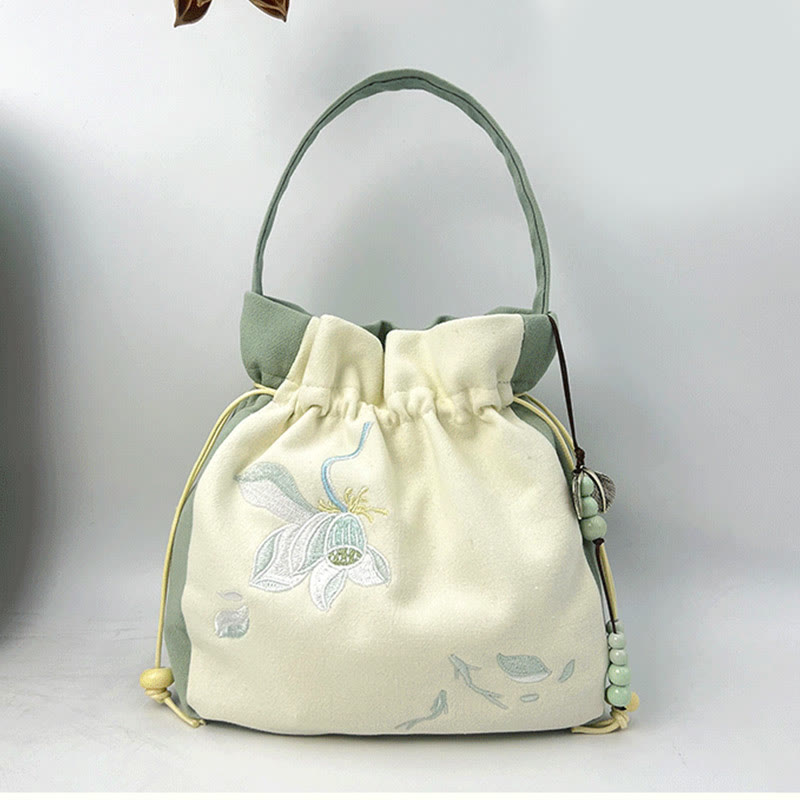 Nimara Ritual Embroidered Butterfly Lotus Magnolia Cotton Linen Tote Crossbody Bag Shoulder Bag Handbag