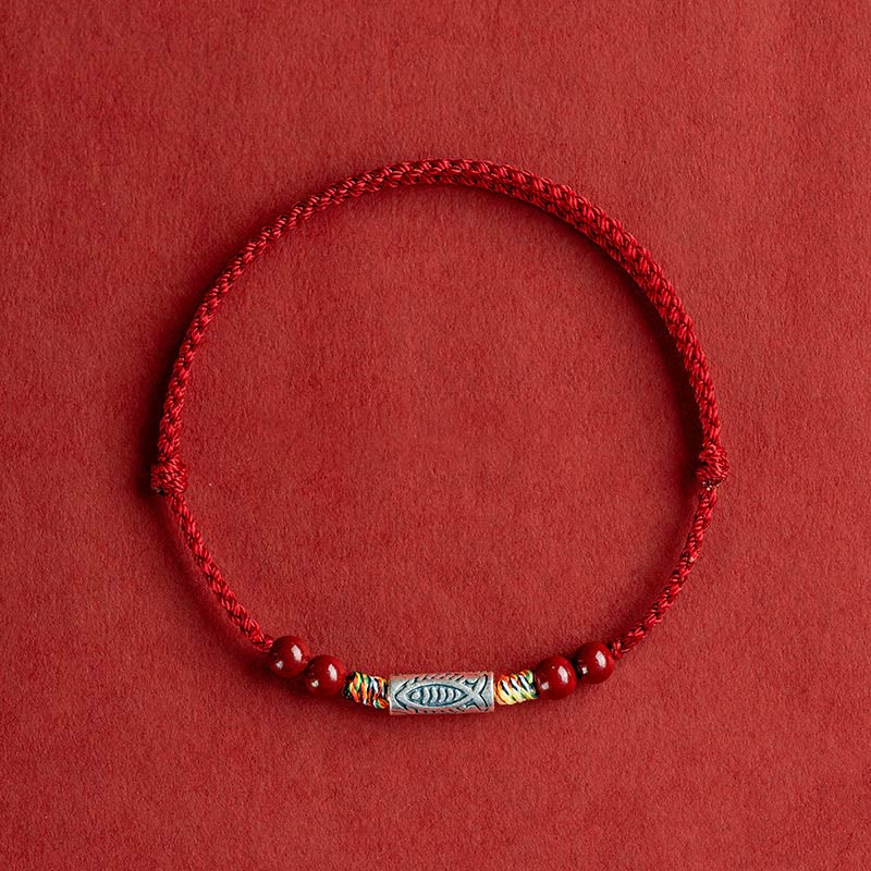 Nimara Ritual 925 Sterling Silver Koi Fish Cinnabar Bead Wealth Handcrafted Braided Bracelet Anklet