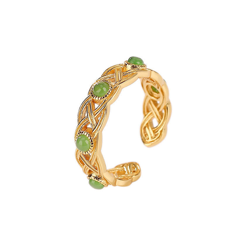 Nimara Ritual 925 Sterling Silver Plated Gold Cyan Jade Braided Design Success Luck Adjustable Ring