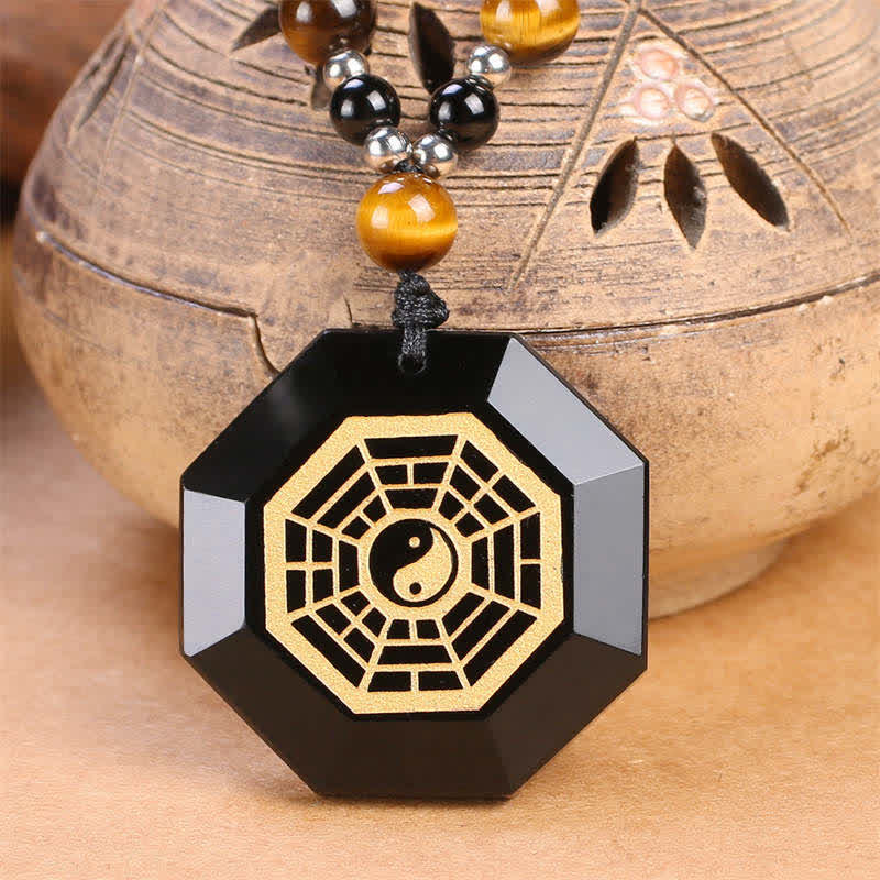 Nimara Ritual Bagua Yin Yang Black Obsidian Purification Beaded Necklace Pendant
