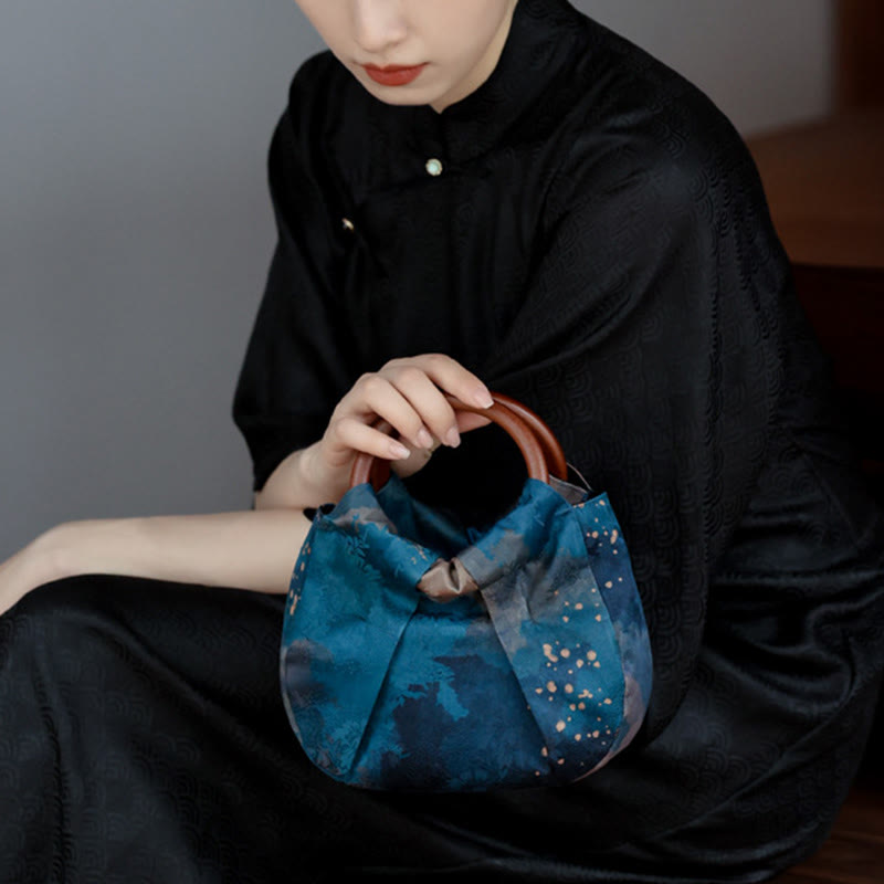 Nimara Ritual Handmade Jacquard Flower Blue Wooden Handle Handbag