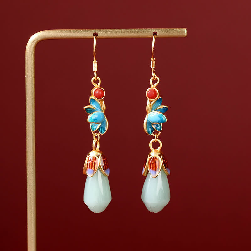 Nimara Ritual Magnolia Flower Jade Pattern Luck Prosperity Drop Dangle Earrings