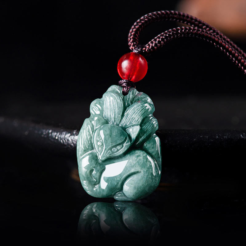 Nimara Ritual Natural Green Jade Nine Tailed Fox Engraved Prosperity Necklace Pendant