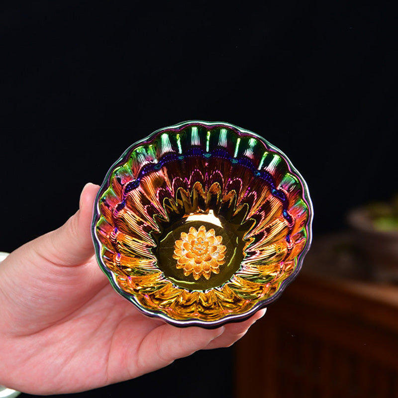 Nimara Ritual Lotus Peacock Inlaid Multicolored Chinese Jianzhan Ceramic Teacup Kung Fu Tea Cup