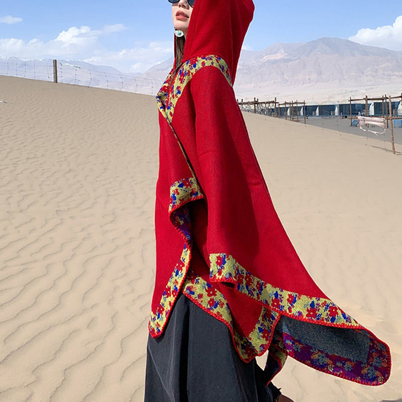 Nimara Ritual Tibetan Shawl Border Small Floral Flower Hooded Cloak Winter Cozy Travel Scarf Wrap