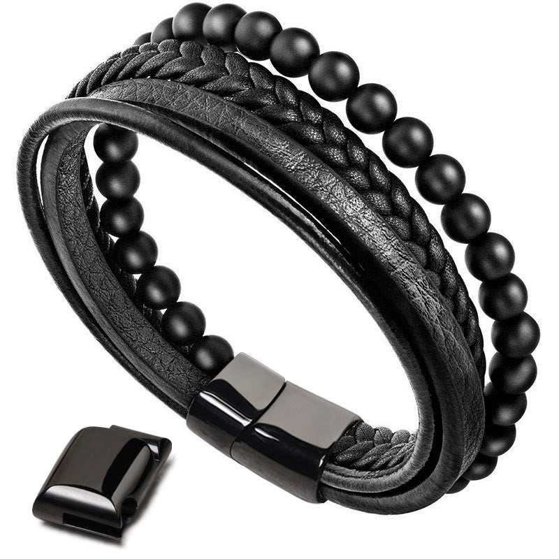 Nimara Ritual Natural Lava Rock Black Onyx Bead Leather Bracelet