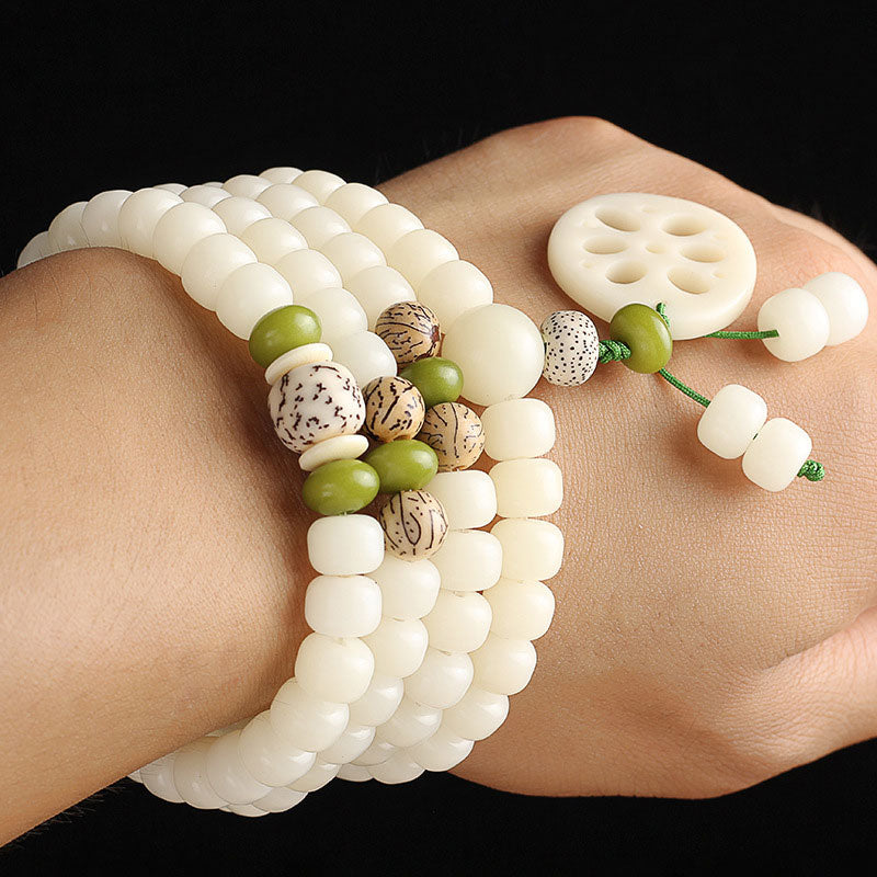 Nimara Ritual White Bodhi Seed Mala 108 Beads Luck Bracelet