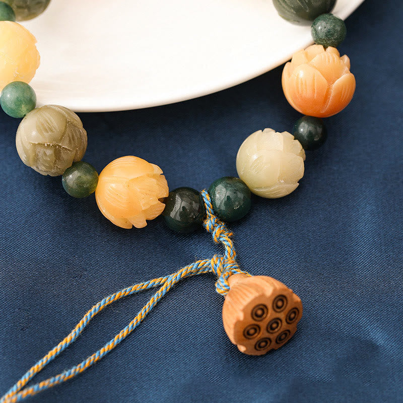 Nimara Ritual Bodhi Seed Lotus Bead Engraved Moss Agate Peace Calm Bracelet