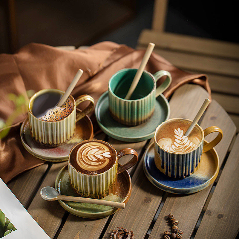 Nimara Ritual Retro Striped Kiln Change Ceramic Coffee Mug Rough Pottery Tea Coffee Cup With Saucer 250ml