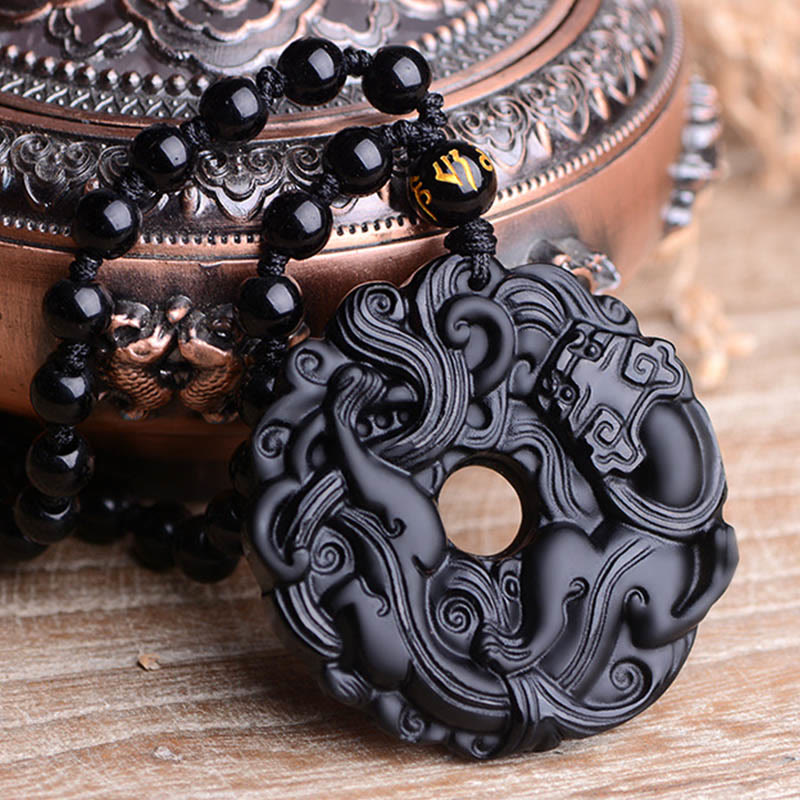 Nimara Ritual Natural Black Obsidian Peace Buckle Pixiu Purification Necklace Pendant
