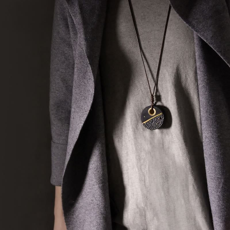 Nimara Ritual Handcrafted Round Ebony Wood Brass Copper Peace Necklace Pendant
