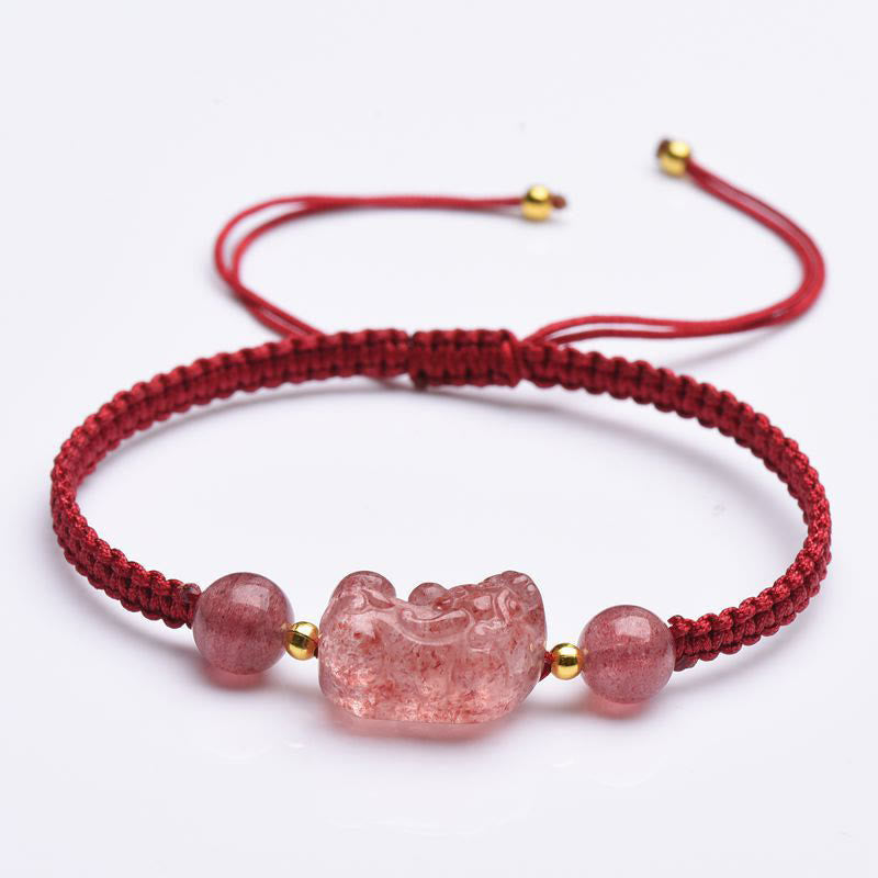 Nimara Ritual Natural Strawberry Quartz PiXiu Lucky Red String Bracelet