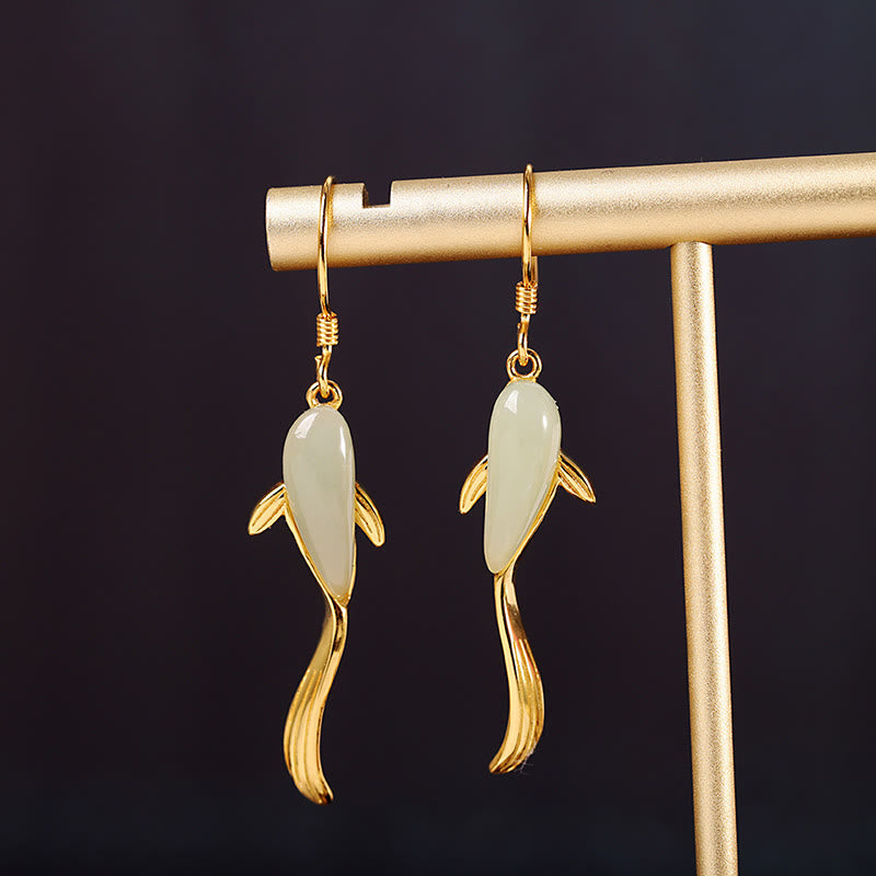 Luck and Healing Fish Pattern Jade Dangle Drop Earrings