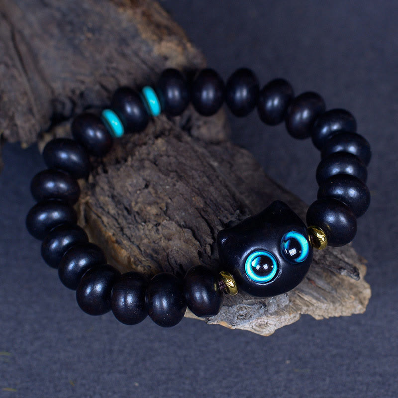 Nimara Ritual Ebony Wood Liuli Glass Lovely Cat Peace Balance Bracelet